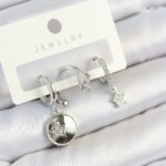 Pirinç Zirkon Taşlı Sallantılı Yıldız Model Gümüş Renk 3'lü Çift Kadın Küpe Set