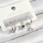 Pirinç Zirkon Taşlı Halka Model Gümüş Renk 3'lü Çift Kadın Küpe Set