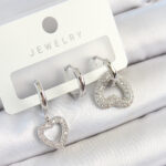 Pirinç Zirkon Taşlı Kalp Model Gümüş Renk 3'lü Çift Kadın Küpe Set