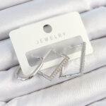 Pirinç Zirkon Taşlı Dikdörtgen Model Gümüş Renk 3'lü Çift Kadın Küpe Set