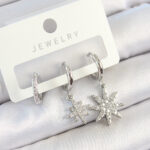 Pirinç Zirkon Taşlı Kutup Yıldızı Model Gümüş Renk 3'lü Çift Kadın Küpe Set