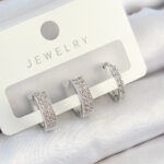 Pirinç Zirkon Taşlı Halka Model Gümüş Renk 3'lü Çift Kadın Küpe Set