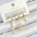 Pirinç Zirkon Taşlı Sallantılı Model Gold Renk 3'lü Çift Kadın Küpe Set