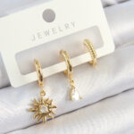 Pirinç Zirkon Taşlı Güneş Model Gold Renk 3'lü Çift Kadın Küpe Set