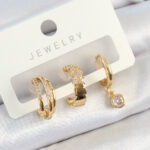 Pirinç Zirkon Taşlı Halka Model Gold Renk 3'lü Çift Kadın Küpe Set