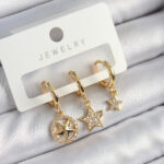 Pirinç Zirkon Taşlı Yıldız Model Gold Renk 3'lü Çift Kadın Küpe Set