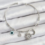 Pirinç Zirkon Taşlı Güneş Ay Ve Nazar Model Gümüş Renk Charm Bileklik