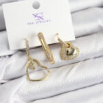 Pirinç Zİrkon Taşlı Kalp Model Gold Renk 3'lü Kadın Küpe