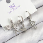 Pirinç Zirkon Taşlı 3'lü Kuş Model Gümüş Renk Kadın Küpe