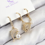 Pirinç Zirkon Taşlı 3'lü Yunus Balığı Ve İstiridye Model Gold Renk Kadın Küpe