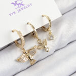 Pirinç Zirkon Taşlı 3'lü Kuş Model Gold Renk Kadın Küpe