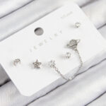 Pirinç Zirkon Taşlı Yıldız Ve Gezegen Model Gümüş Renk 925 Ayar Gümüş Çivi Kadın Küpe Set