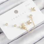 Pirinç Zirkon Taşlı Kelebek Model Gold Renk 925 Ayar Gümüş Çivi Kadın Küpe Set