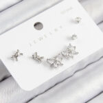 Pirinç Zirkon Taşlı Fiyonk Model Gümüş Renk 925 Ayar Gümüş Çivi Kadın Küpe Set