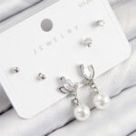 Pirinç Zirkon Taşlı İnci Sallantılı Damla Model Gümüş Renk 925 Ayar Gümüş Çivi Kadın Küpe Set