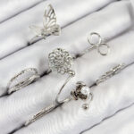 Pirinç Gül Kelebek Model Gümüş Renk Kadın Yüzük Kombin Set