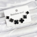 316L Çelik Gümüş Siyah Renk 3 Boy Yonca Küpe Seti