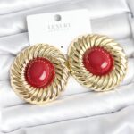 Pirinç Gold Renk Bordo Boncuklu Vintage Kadın Küpe