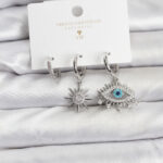 Göz Model Gümüş Renk Pirinç 3'lü Kadın Küpe Seti