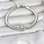 316L Çelik Gümüş Renk Baget Zirkon Taşlı Yılan Zincirli Kadın Bileklik