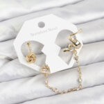 Pirinç Gold Renk Yılan Model Zincir Bağlantılı Ear Cuff Küpe Seti