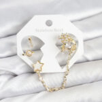 Pirinç Gold Renk Yıldız Model Zincir Bağlantılı Ear Cuff Küpe Seti
