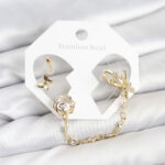 Pirinç Gold Renk Kelebekli Model Zincir Bağlantılı Ear Cuff Küpe Seti