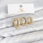 Pirinç Gold Renk Zirkon Taşlı Halka Model YSX Trio Küpe Seti