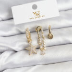 Pirinç Gold Renk Zirkon Taşlı Yıldız Vintage Model YSX Trio Küpe Seti