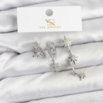 Pirinç Gümüş Renk Zirkon Taşlı Kutup Yıldızı Model YSX Trio Küpe Seti