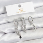 Pirinç Gümüş Renk Zirkon Taşlı Uzay Model YSX Trio Küpe Seti