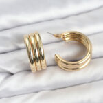 3'lü Görünüm 316L Çelik Gold Renk Kadın Küpe